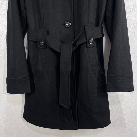 Liz Claiborne Wool Hooded Belted Coat Women's Medium Black Button Front Jacket - Picture 8 of 14